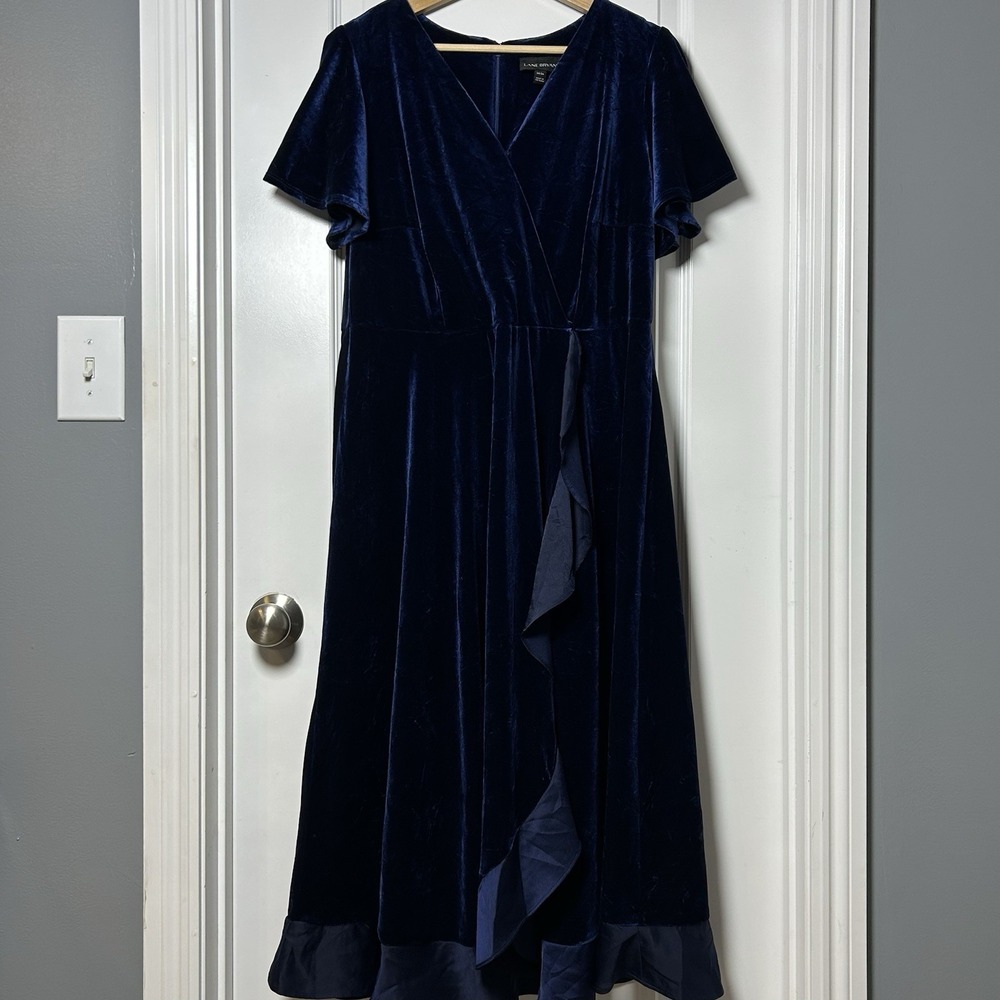 Lane Bryant Navy Blue‎ Velvet Ruffle Satin Trim Wrap Midi Dress Royalcore Style